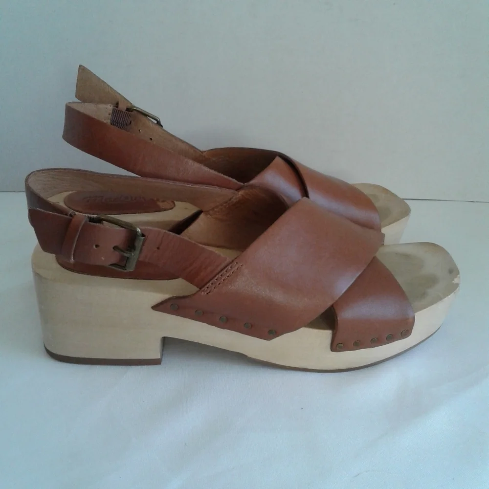 Madewell Brown Leather Wood Platform Slingback Sandals Size 6 MC706